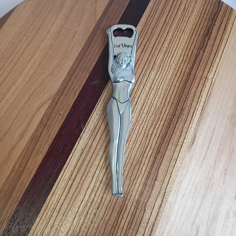 Vintage Pewter Like Metal Las Vegas Bikini, Clad Woman Bottle Opener 8.5” X 2”